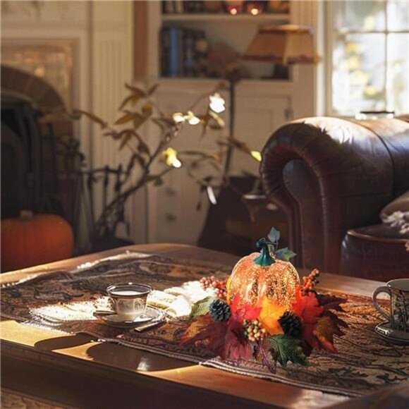 Lighted Pumpkin Fall Decor – LED Thanksgiving Decoration with Faux Maple - Picture 7 of 8